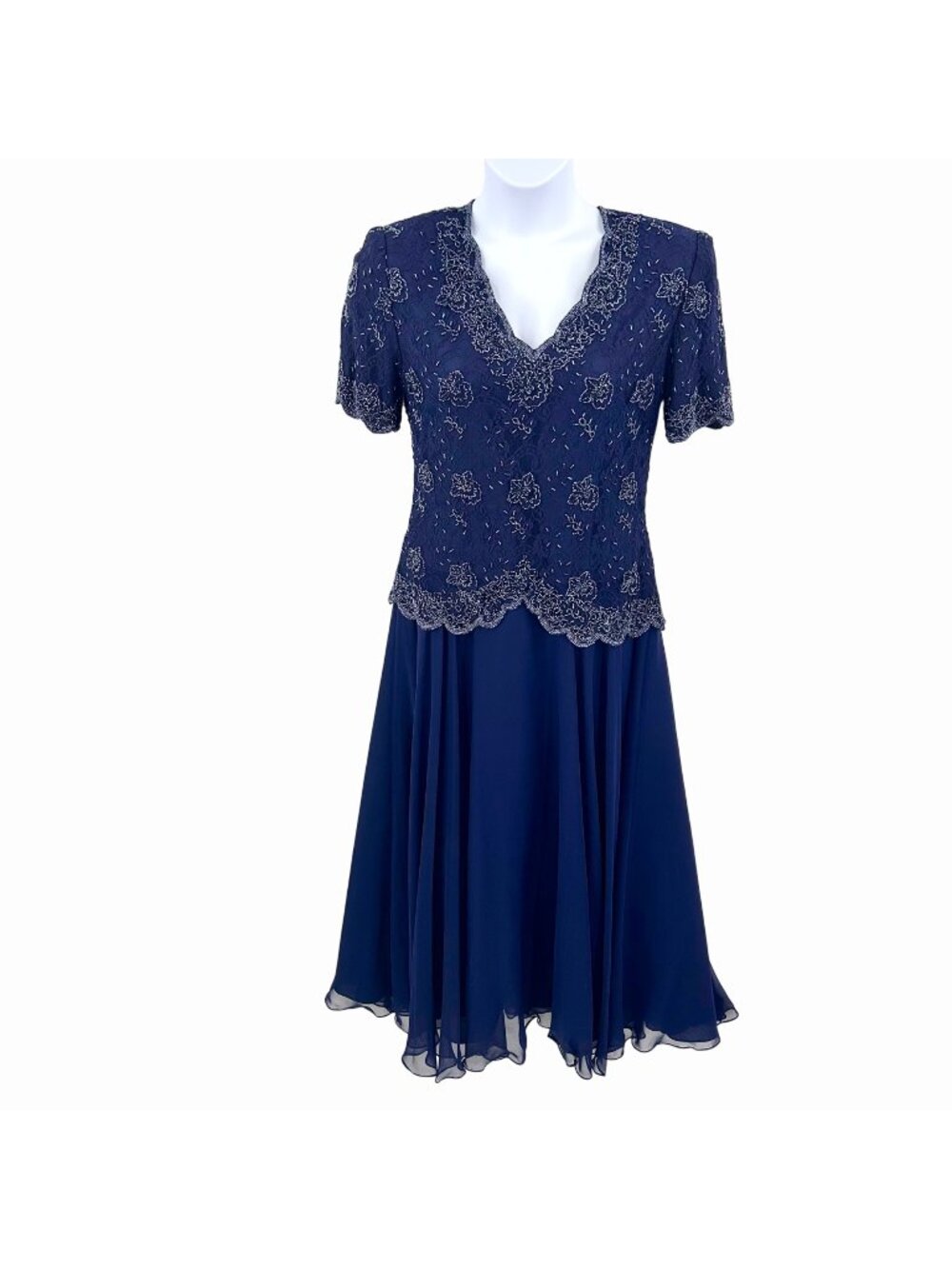 STUNNING NAVY BLUE BEADED LACE & CHIFFON TEA LENGTH FORMAL SHORT SLV DRESS